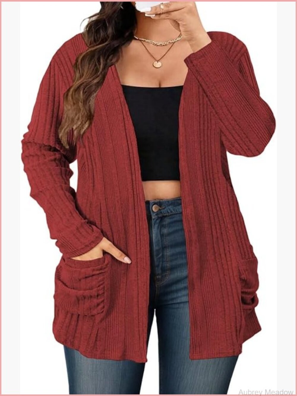 Plus Size Open Front Cardigan with Pockets Long Sleeve Lightweight Sweater